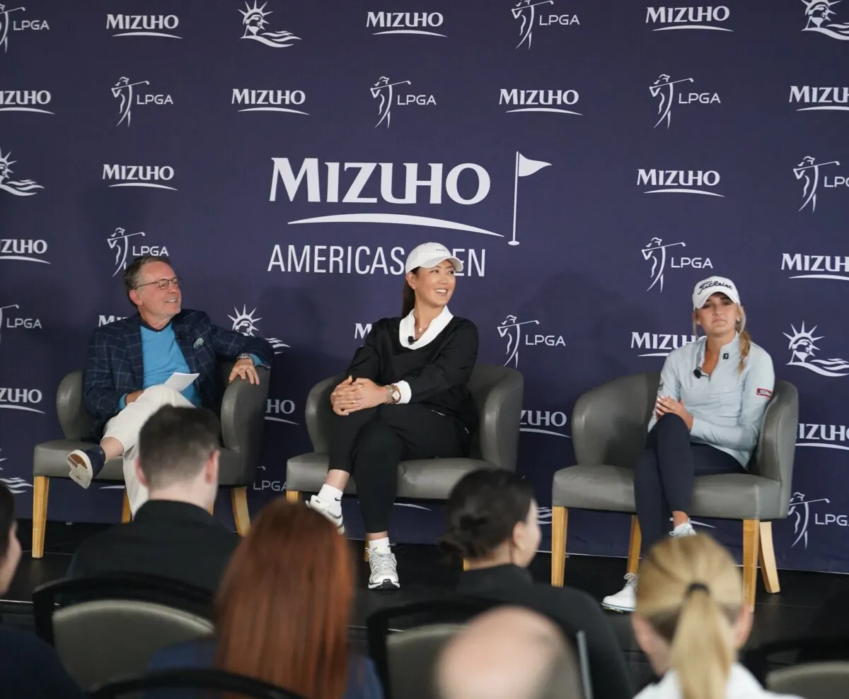 (L-R) Jimmy Roberts, NBC Sports and Golf Channel; Michelle Wie-West, Mizuho brand ambassador and tournament host; and Gianna Clemente, Mizuho invitee and American Junior Golf Association Invitational champion. (Courtesy of Mizuho Americas Open)