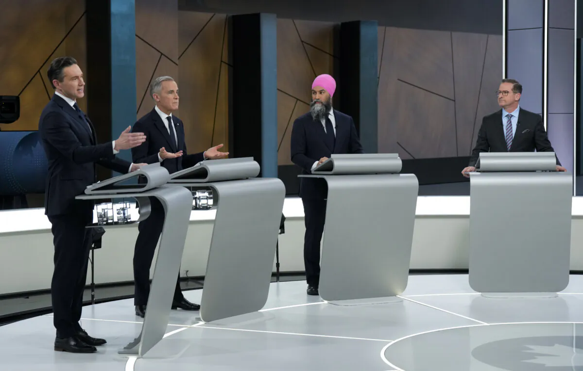 (L-R) Conservative Leader Pierre Poilievre, Liberal Leader Mark, NDP Leader Jagmeet Singh, and Bloc Québécois Leader Yves-François Blanchet participate in the English-language federal leaders' debate in Montreal, on April 17, 2025.  (The Canadian Press/Adrian Wyld)