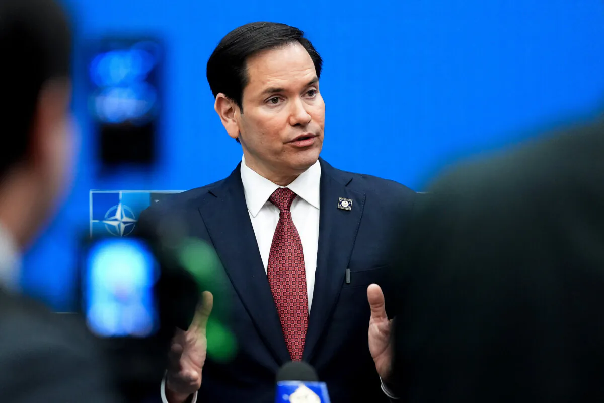 Secretary of State Marco Rubio during a final press conference at the meeting of the North Atlantic Treaty Organization (NATO) Ministers of Foreign Affairs in Brussels on April 4, 2025. (Jacquelyn Martin/POOL/AFP via Getty Images)