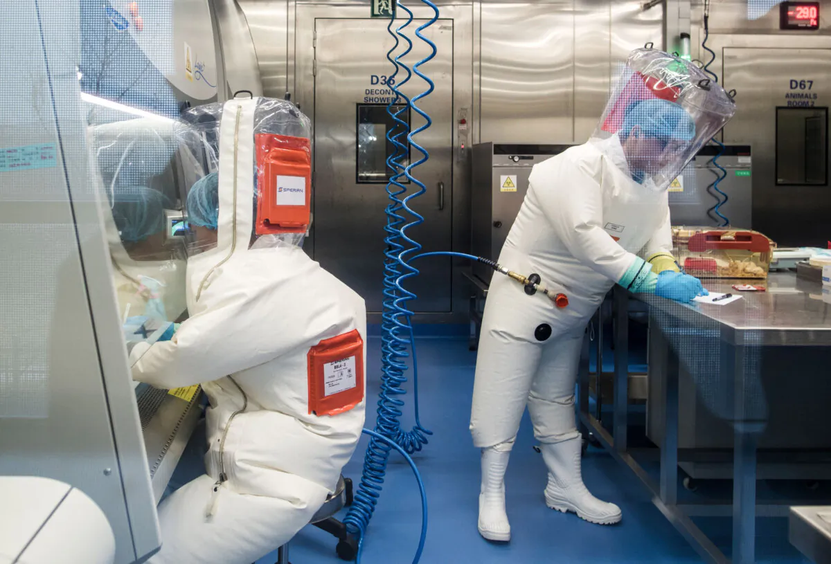 Workers next to a cage with mice (R) inside the P4 laboratory in Wuhan, Hubei Province, China, on Feb. 23, 2017.  (Johannes Eisele/AFP via Getty Images)