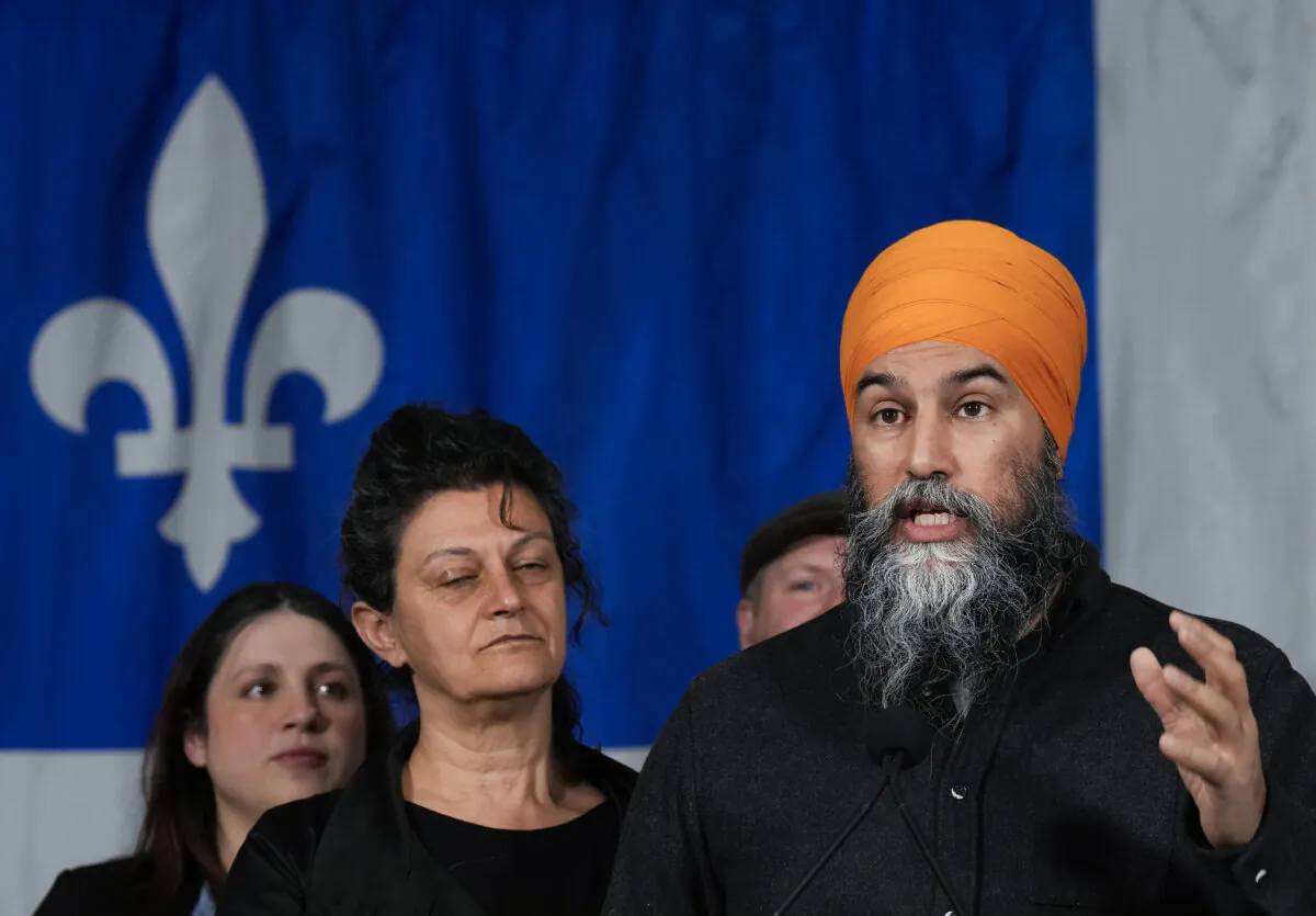 NDP Leader Jagmeet Singh speaks during a campaign stop in Yamachiche, Que., on April 18, 2025. (The Canadian Press/Nathan Denette) 