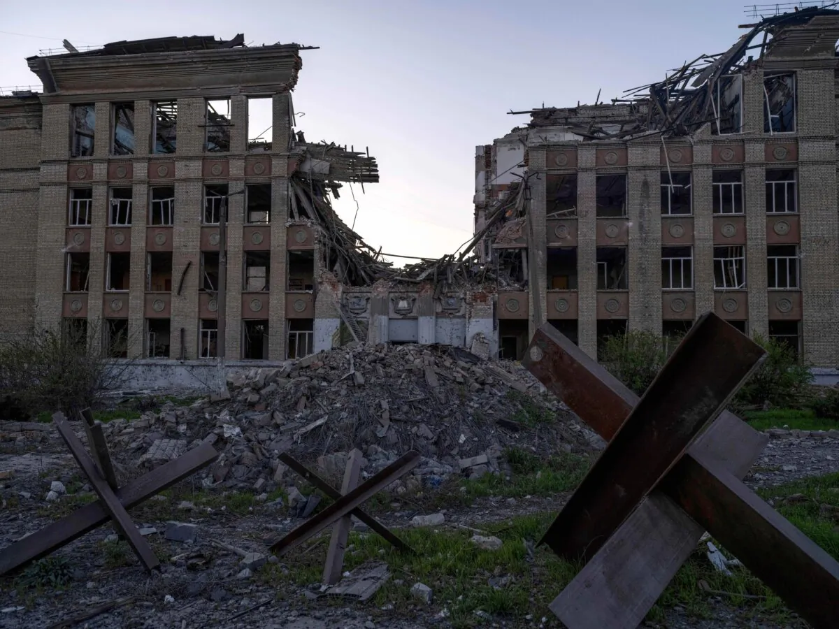 A ruined city center in Kostyantynivka, the site of heavy battles with Russian troops, in the Donetsk region, Ukraine, on April 19, 2025. (Iryna Rybakova/Ukraine's 93rd Mechanized Brigade via AP)