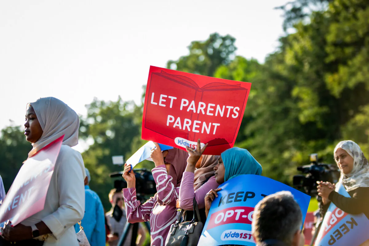 An interfaith coalition of parents gathers to protest outside the U.S. Court of Appeals for the Fourth Circuit in Richmond, Va., on Aug. 9, 2023. (Courtesy of the Becket Fund for Religious Liberty)