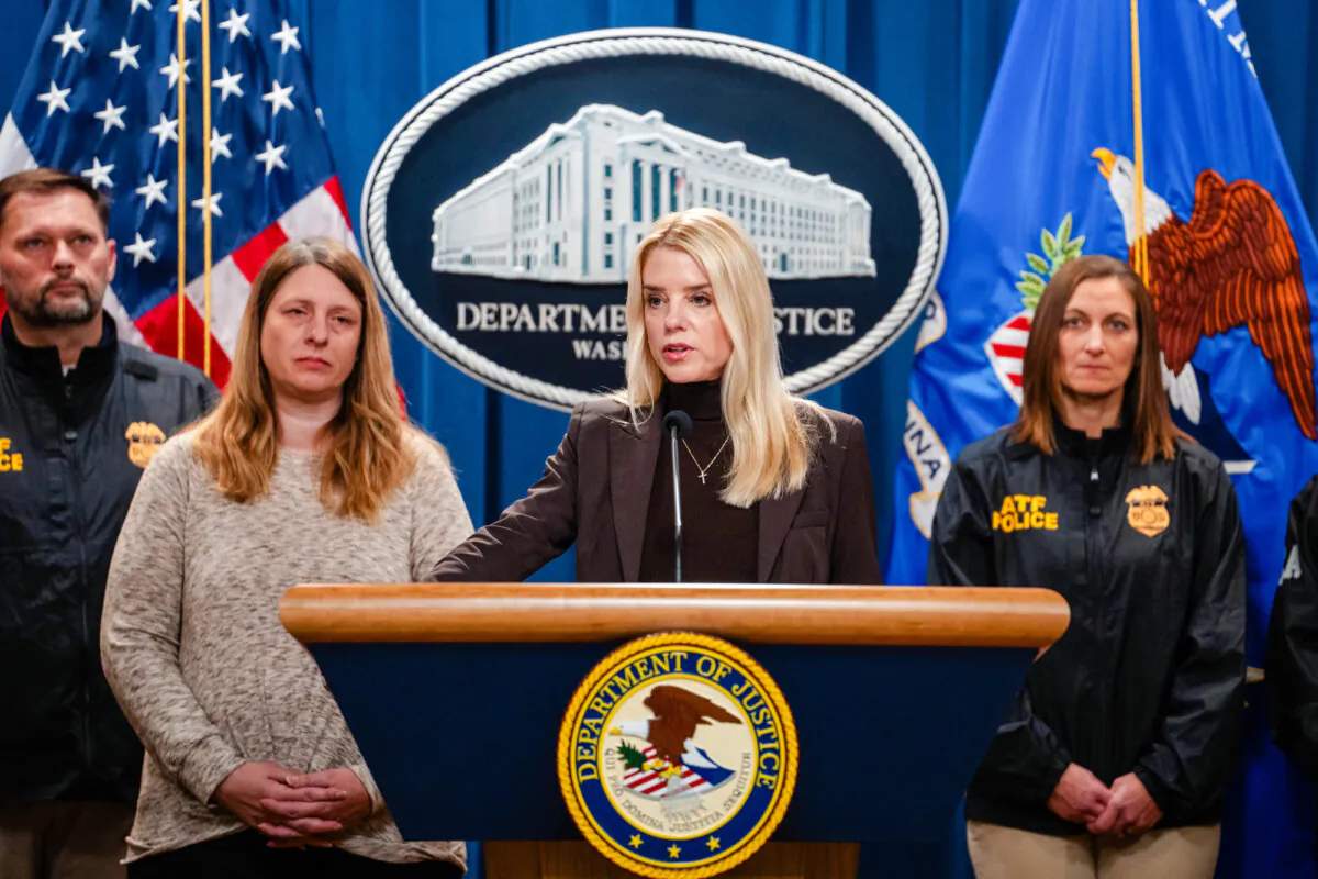 Attorney General Pam Bondi speaks during a press briefing at the Department of Justice in Washington on Feb. 12, 2025. (Madalina Vasiliu/The Epoch Times)