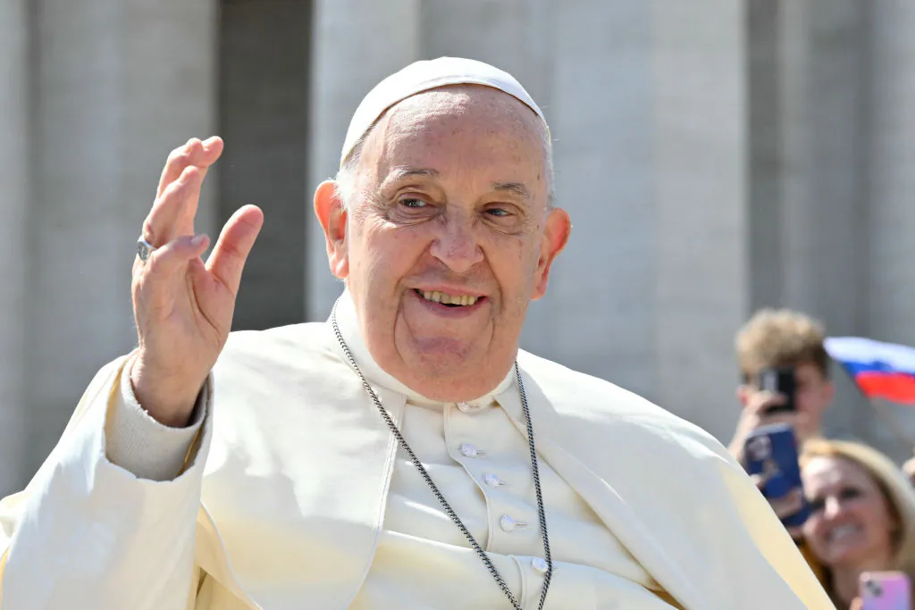 Pope Francis greets the crowd from the popemobile at the end of the Palm Sunday mass at St Peter's square in the Vatican on March 24, 2024. (Alberto Pizzoli/AFP/Getty Images)