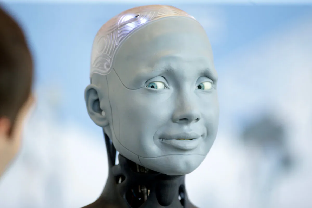 Human shaped robot Ameca of British manufacturer Engineered Arts interacts with visitors in Geneva, Switzerland, on July 6, 2023. (Johannes Simon/Getty Images)