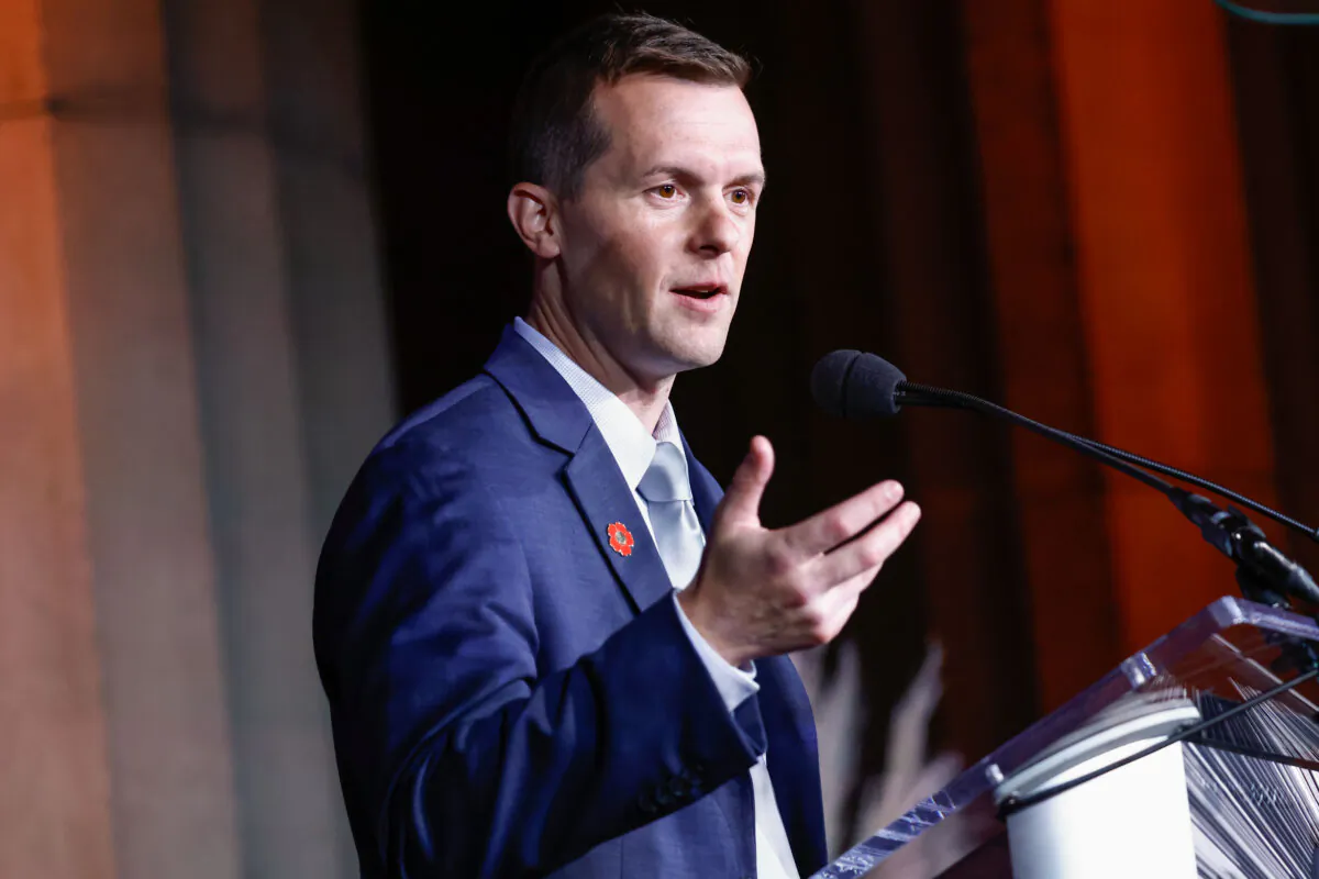 Rep. Jared Golden (D-Maine) speaks on stage during Headstrong Washington DC Gala in Washington on Nov. 3, 2021. (Paul Morigi/Getty Images for Headstrong)