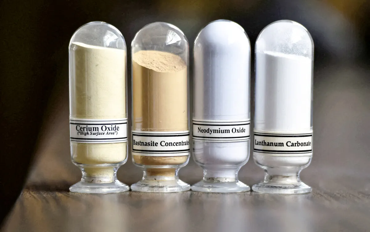 Samples of rare earth minerals (L–R) Cerium oxide, Bastnasite, Neodymium oxide, and Lanthanum carbonate are on display during a tour of Molycorp's Mountain Pass Rare Earth facility in Mountain Pass, Calif., on June 29, 2015. (David Becker/Reuters)