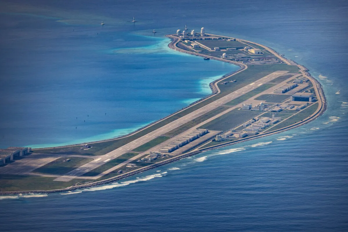 An airfield, buildings, and structures are seen on the artificial island built by China in Mischief Reef on Oct. 25, 2022, in Spratly Islands, South China Sea. (Ezra Acayan/Getty Images)