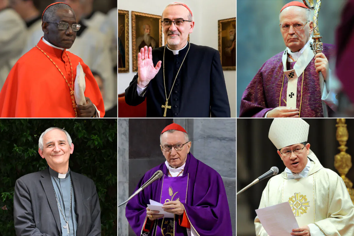(Top L–R) Cardinal Robert Sarah, Cardinal Pierbattista Pizzaballa, and Archbishop of Budapest, Cardinal Peter Erdo. (Bottom L–R) Cardinal Matteo Zuppi, Cardinal Pietro Parolin, and Cardinal Luis Antonio Gokim Tagle. (Gabriel Bouys, Menahem Kahana, Attila Kisbenedek, Andreas Solaro, Tiziana Fabi/AFP via Getty Images)