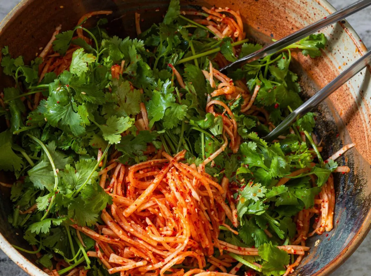 This North Korean salad recipe bursts with the strong, lively flavor of cilantro. (America's Test Kitchen/Kritsada Panichgul)
