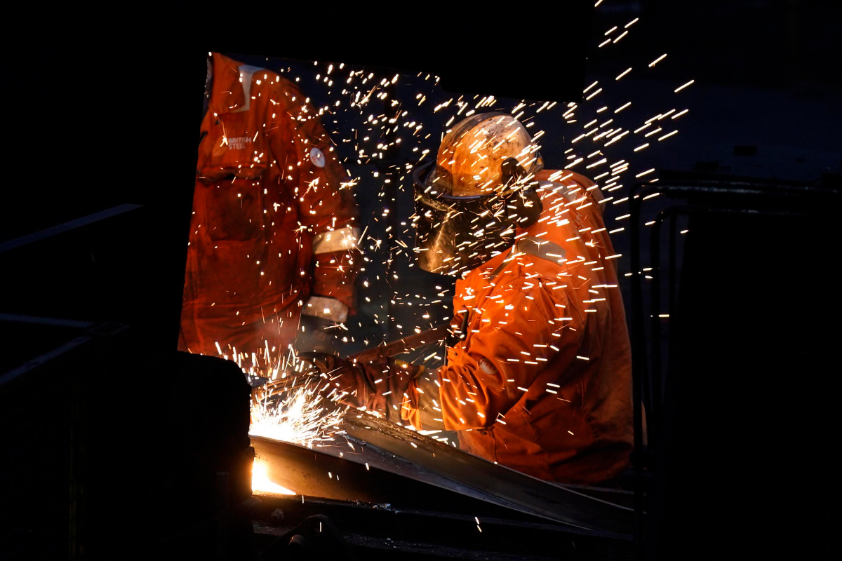 Workers in the rail and sections hot end rolling mill at the British Steel site in Scunthorpe, Lincolnshire, England, on April 17, 2025. (Danny Lawson/PA Wire)