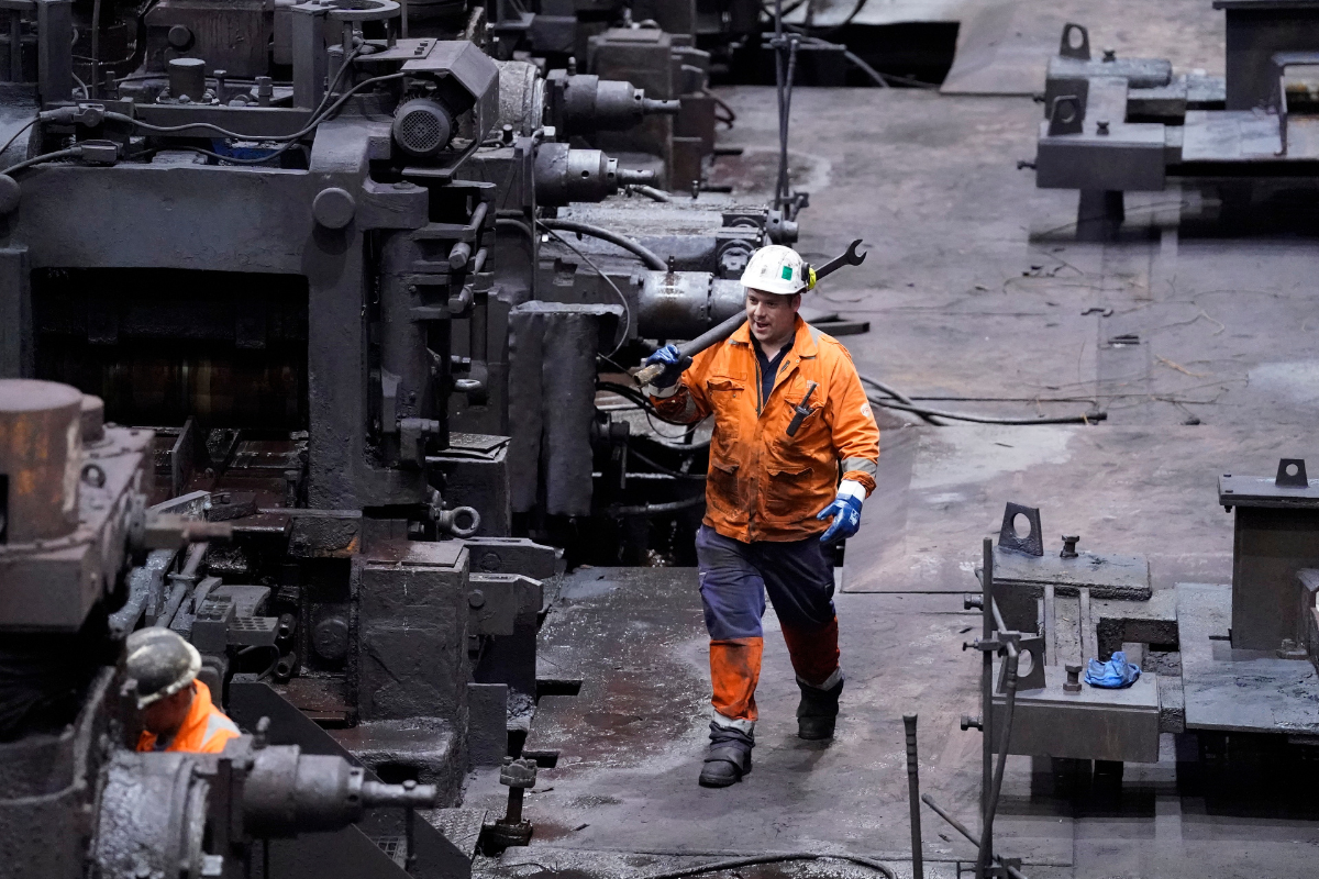 Workers in the rail and sections hot end rolling mill at the British Steel site in Scunthorpe, Lincolnshire, England, on April 17, 2025. (Danny Lawson/PA Wire)