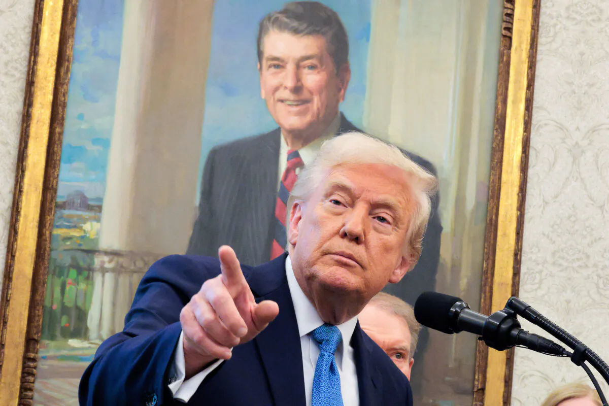 President Donald Trump speaks to reporters after hosting the ceremonial swearing-in for Securities and Exchange Commission Chairman Paul Atkins in the Oval Office at the White House on April 22, 2025. (Chip Somodevilla/Getty Images)