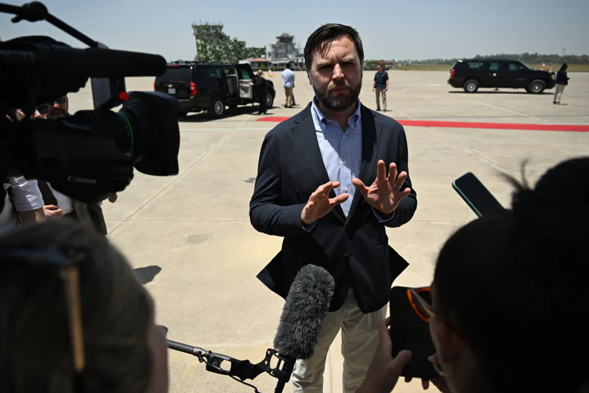 U.S. Vice President JD Vance speaks to the media as he departs Agra, India, en route to Jaipur, India, after visiting the Taj Mahal in Agra, India, on April 23, 2025. (Kenny Holston/Pool/Getty Images)