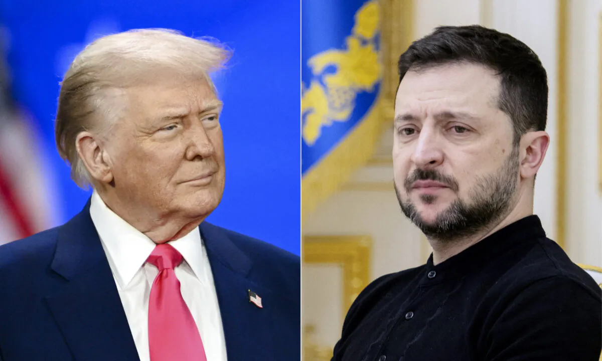 (Left) U.S. President Donald Trump on Feb. 22, 2025. (Right) Ukraine's President Volodymyr Zelenskyy on Feb. 12, 2025. (Alex Wroblewski and Tetiana Dzhafarova/AFP via Getty Images)