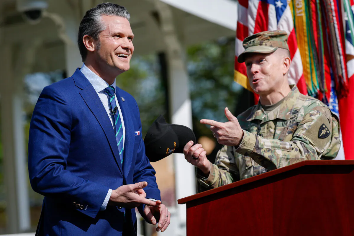Secretary of Defense Pete Hegseth (L) with Commandant of the Army War College Maj. Gen. David Hill (R) as he delivers remarks to students, faculty, and staff at the U.S. Army War college in Carlisle, Penn., on April 23, 2025. (Kevin Dietsch/Getty Images)