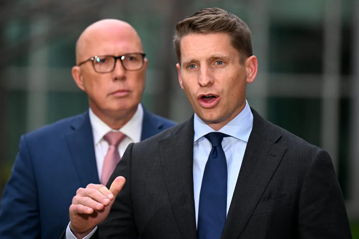 Shadow Home Affairs Minister Andrew Hastie (R) speaks to the media during a press conference at Parliament House in Canberra, Australia, on June 4, 2024. (AAP Image/Lukas Coch)
