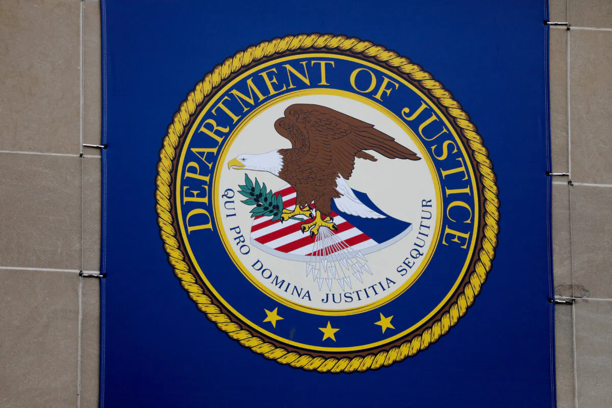 The crest of the Department of Justice at its headquarters in Washington on May 10, 2021. (Andrew Kelly/Reuters)