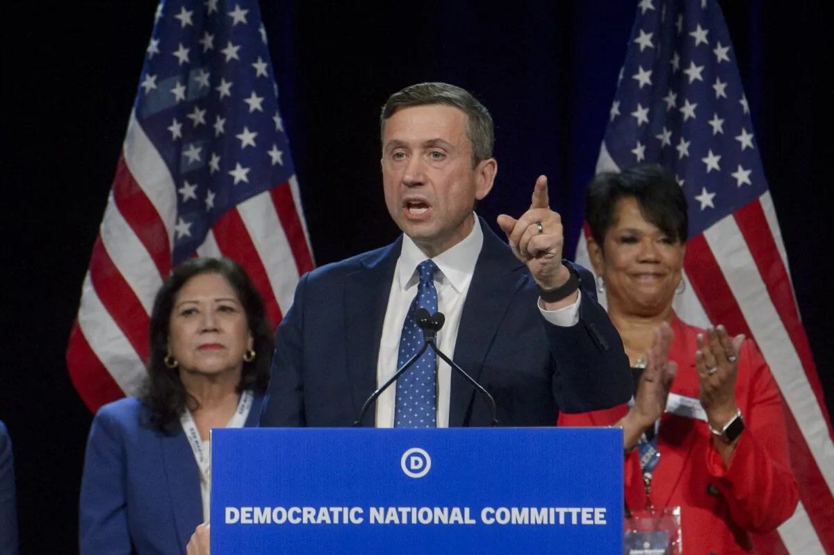 DNC chair candidate Ken Martin speaks at the Democratic National Committee Winter Meeting in National Harbor, Md., on Feb. 1, 2025. (Rod Lamkey, Jr./AP Photo)