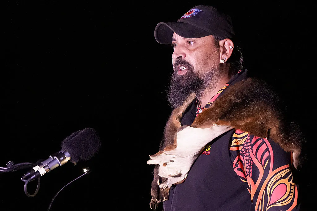 Bunurong elder Uncle Mark Brown delivers the 'Welcome to Country' in Melbourne, Australia on April 25, 2025. (Asanka Ratnayake/Getty Images)