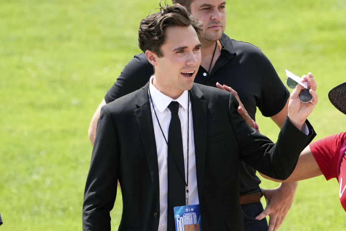 David Hogg talks to people after speaking at the 60th Anniversary of the March on Washington at the Lincoln Memorial in Washington on Aug. 26, 2023. (Andrew Harnik/AP Photo)
