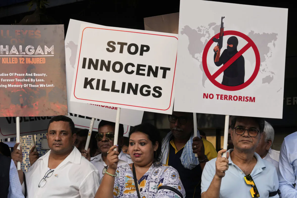 Protesters demonstrate against the killing of tourists by terrorists near Pahalgam in Indian-controlled Kashmir, in Kolkata, India, on April 24, 2025. (Bikas Das/AP)