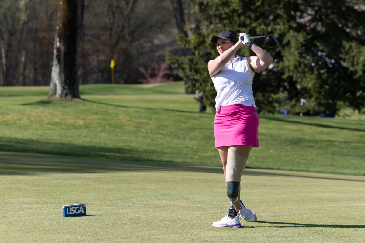 Meredith Dwyer displays fine form that helped secure her the top qualifying position in the women's competition for the USGA Adaptive Open at Haworth CC. (Courtesy of Metropolitan Golf Association)