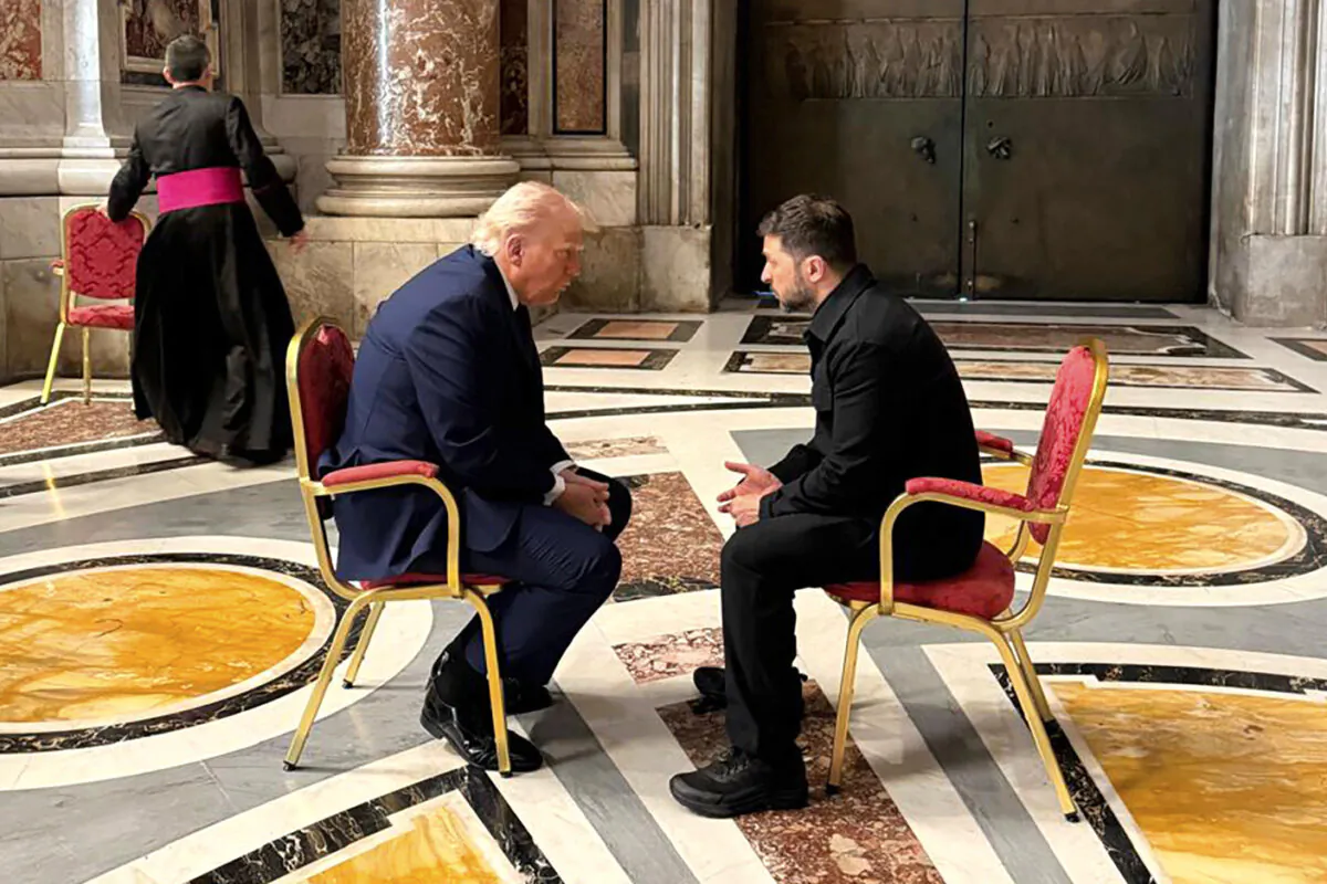 Ukraine's President Volodymyr Zelenskyy (R) and U.S. President Donald Trump talk as they attend the funeral of Pope Francis in Vatican on April 26, 2025. (Ukrainian Presidential Press Office via AP)
