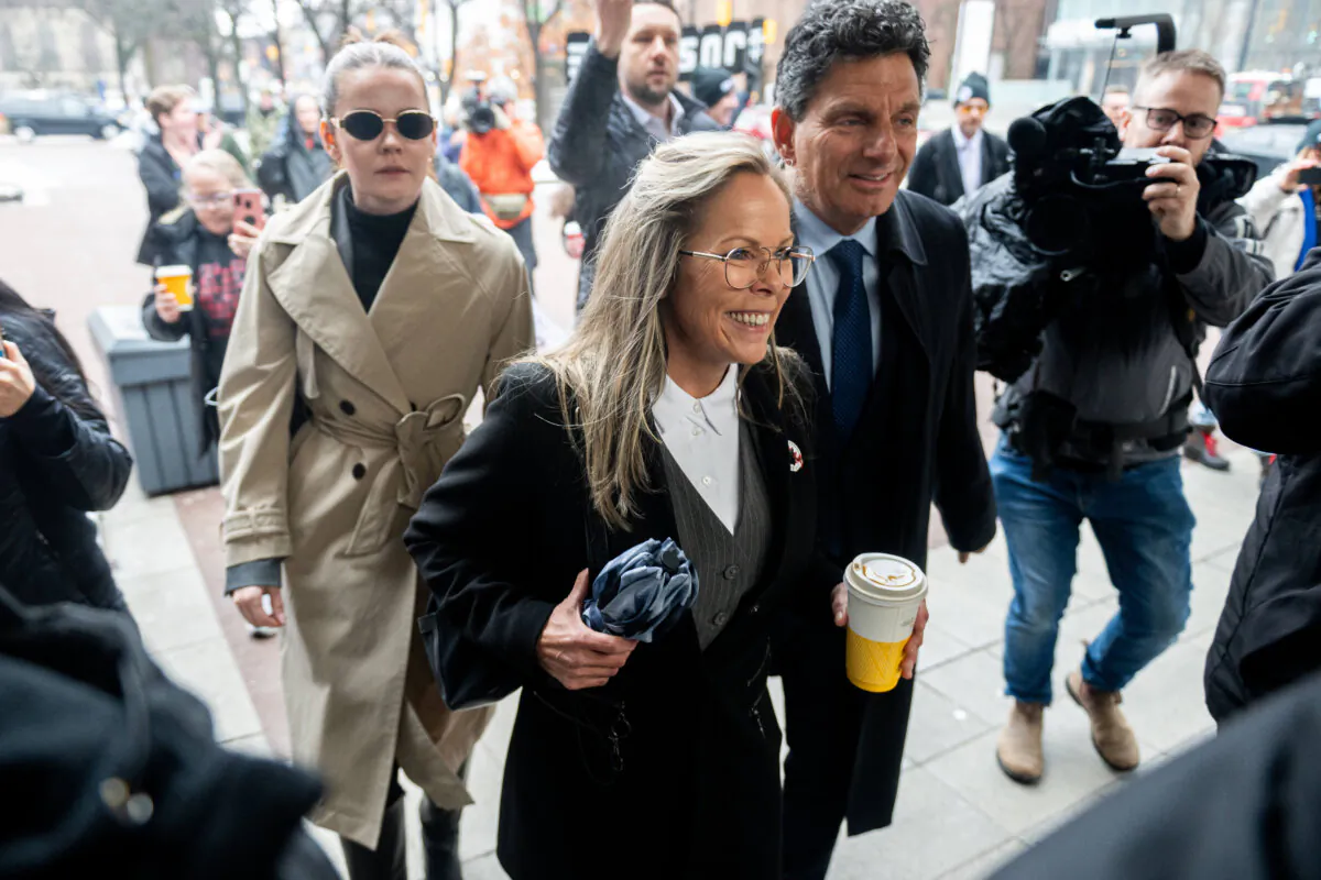 Tamara Lich, one of the organizers of the 2022 Freedom Convoy protest, and her lawyer Lawrence Greenspon arrive at the courthouse in Ottawa on April 3, 2025. (The Canadian Press/Spencer Colby)