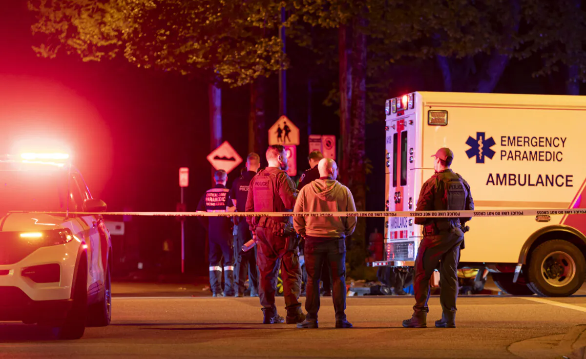 Vancouver Police secure the scene where a car drove into a crowd at the Lapu Lapu Festival in Vancouver on April 26, 2025. (The Canadian Press/Rich Lam)