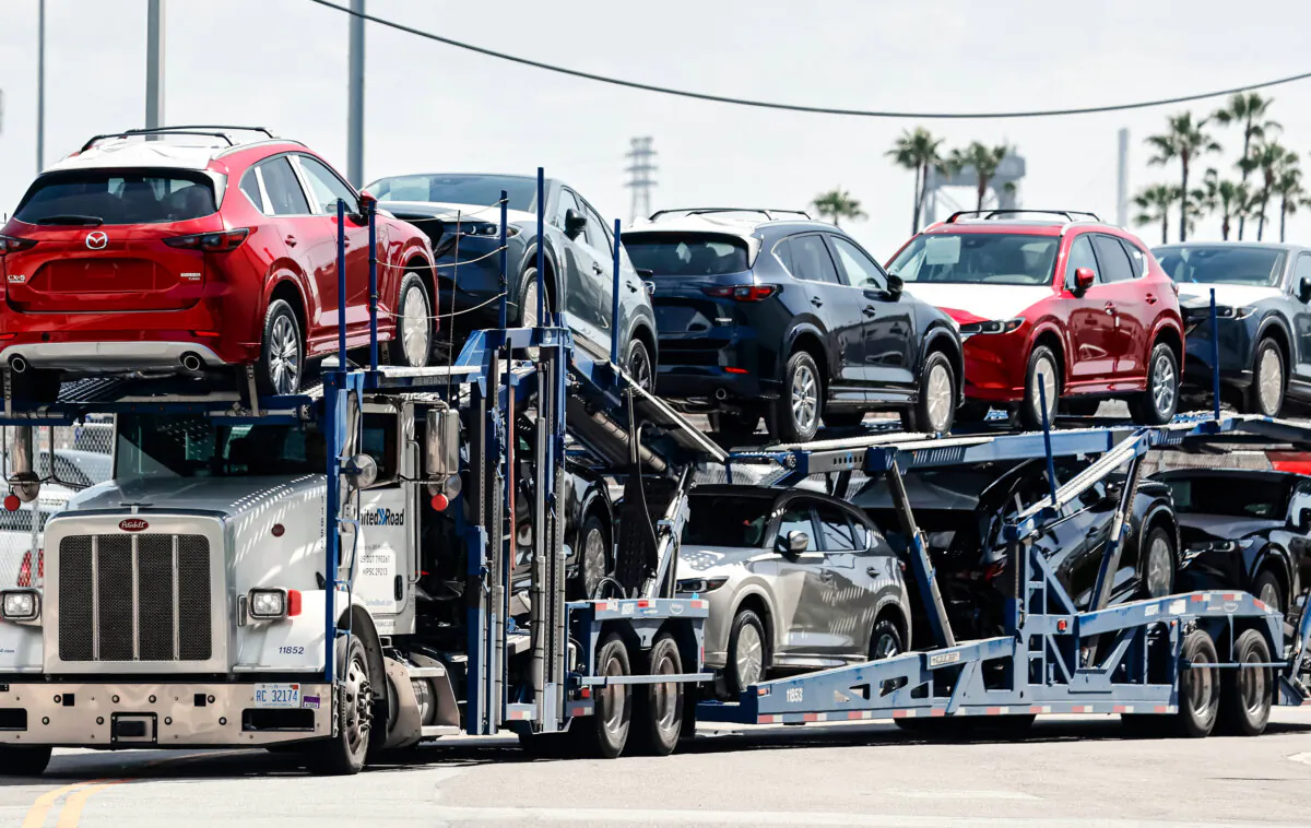 New Mazda cars are driven from an auto processing terminal on a car hauler at the Port of Los Angeles in Wilmington, Calif., on April 3, 2025. (Mario Tama/Getty Images)