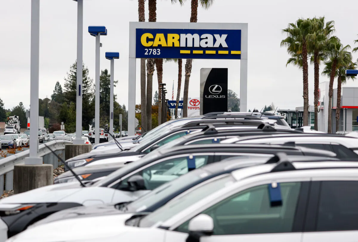 A sign in front of a CarMax dealership in Santa Rosa, Calif., on April 10, 2025. (Justin Sullivan/Getty Images)