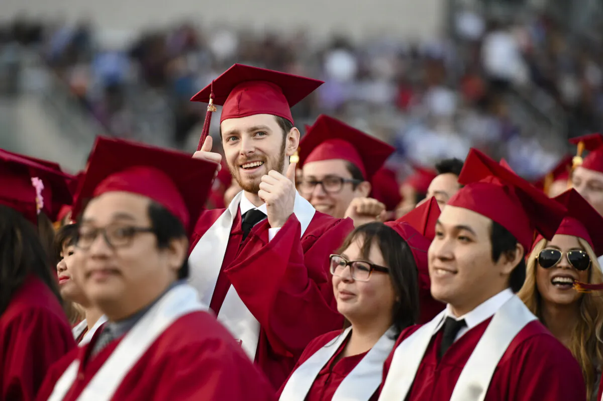 Students earning degrees at Pasadena City College participate in the graduation ceremony in Pasadena, Calif. (Robyn Beck/AFP via Getty Images)
