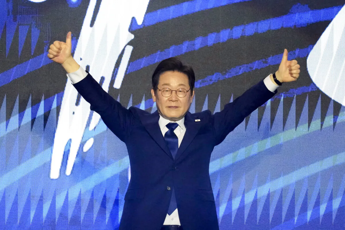 Lee Jae-myung, former leader of the Democratic Party of Korea, celebrates after winning the nomination as presidential election candidate during a party convention in Goyang, South Korea, on April 27, 2025. (Lee Jin-man/AP)