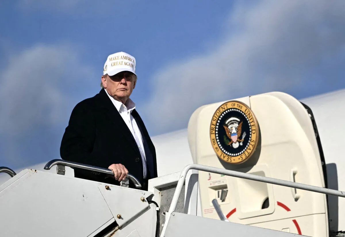 U.S. President Donald Trump boards Air Force One upon departure at Morristown Municipal Airport in Morristown, N.J., on April 27, 2025. (Mandel NGAN/AFP via Getty Images)