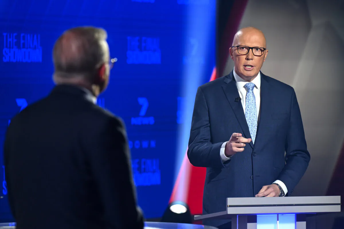 Opposition Leader Peter Dutton speaks as he and Prime Minister Anthony Albanese attend the 7NEWS "The Final Showdown" leaders' debate in Sydney, Australia on April 27, 2025. (Lukas Coch-Pool/Getty Images)