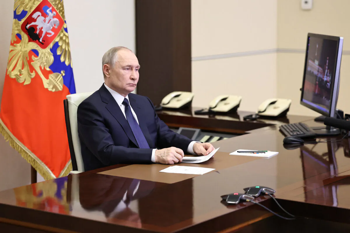 Russian President Vladimir Putin attends a meeting via videoconference at the Novo-Ogaryovo state residence outside Moscow on April 26, 2025. (Alexander Kazakov/POOL/AFP via Getty Images)