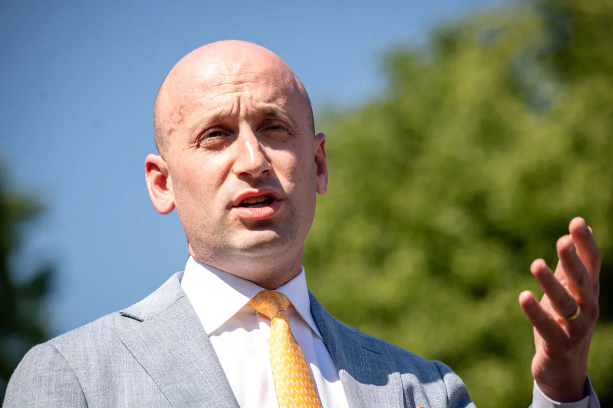 Deputy chief of staff Stephen Miller speaks to members of the press at White House in Washington on April 28, 2025. (Madalina Vasiliu/The Epoch Times)