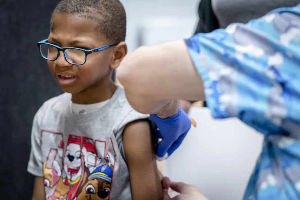 Xerius Jackson, age 7, gets an MMR vaccine at a clinic conducted by Lubbock Public Health Department in Lubbock, Texas, on March 1, 2025. (Jan Sonnenmair/Getty Images)