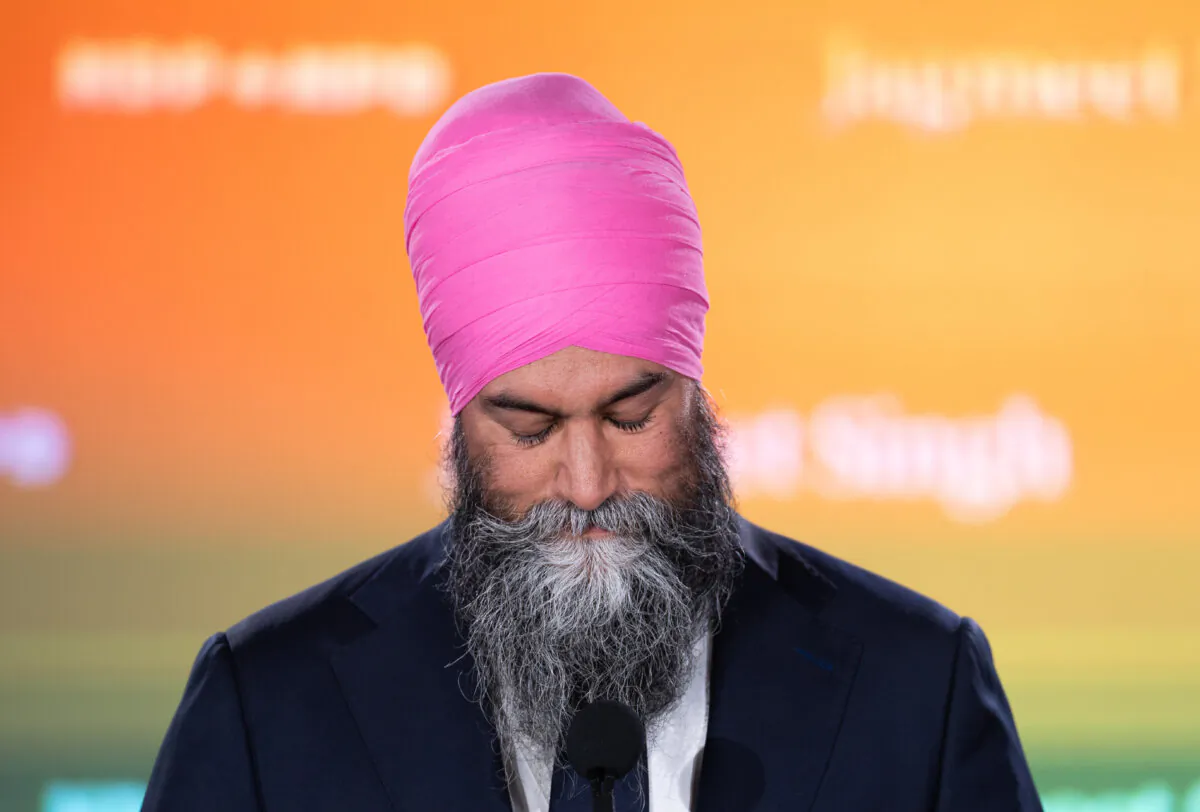 NDP Leader Jagmeet Singh addresses supporters on election night in Burnaby, B.C., following the election on April 28, 2025. (The Canadian Press/Ethan Cairns)