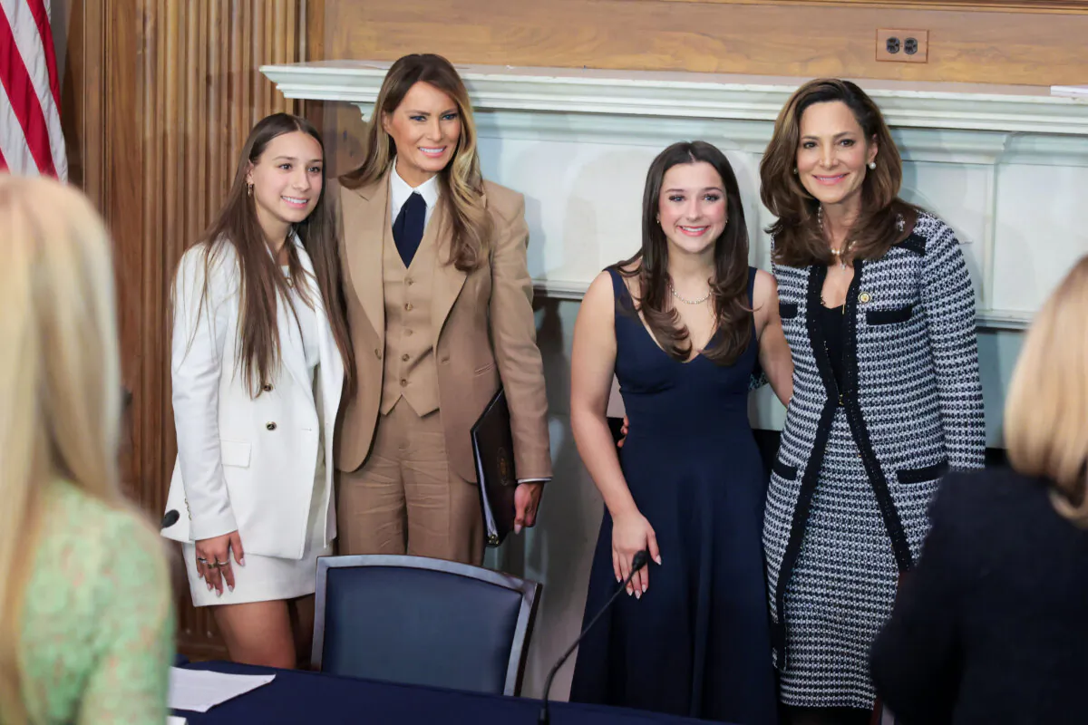 Francesca Mani (L), U.S. First Lady Melania Trump (2nd L), Elliston Berry (2nd R), and Rep. Maria Salazar (R-Fla.) (R) after a roundtable discussion on the "Take It Down Act" at the U.S. Capitol in Washington on March 3, 2025. (Kayla Bartkowski/Getty Images)