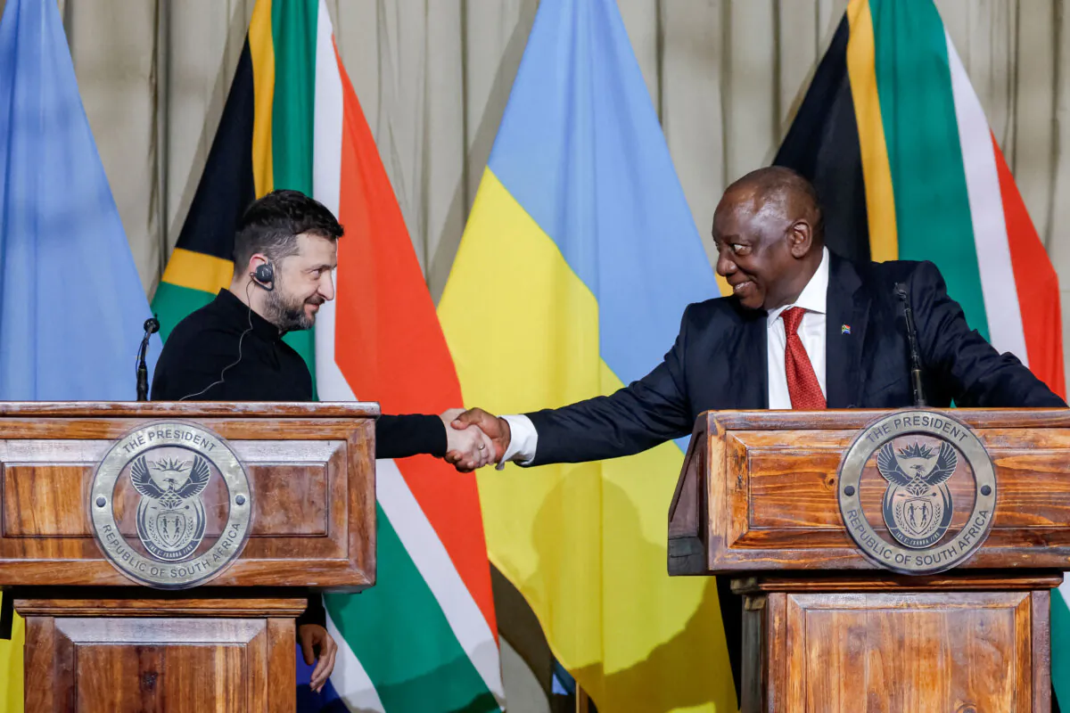 Ukrainian President Volodymyr Zelenskyy (L) shakes hands with South African President Cyril Ramaphosa (R) in Pretoria, South Africa, on April 24, 2025. (Phill Magokoe/AFP via Getty Images)