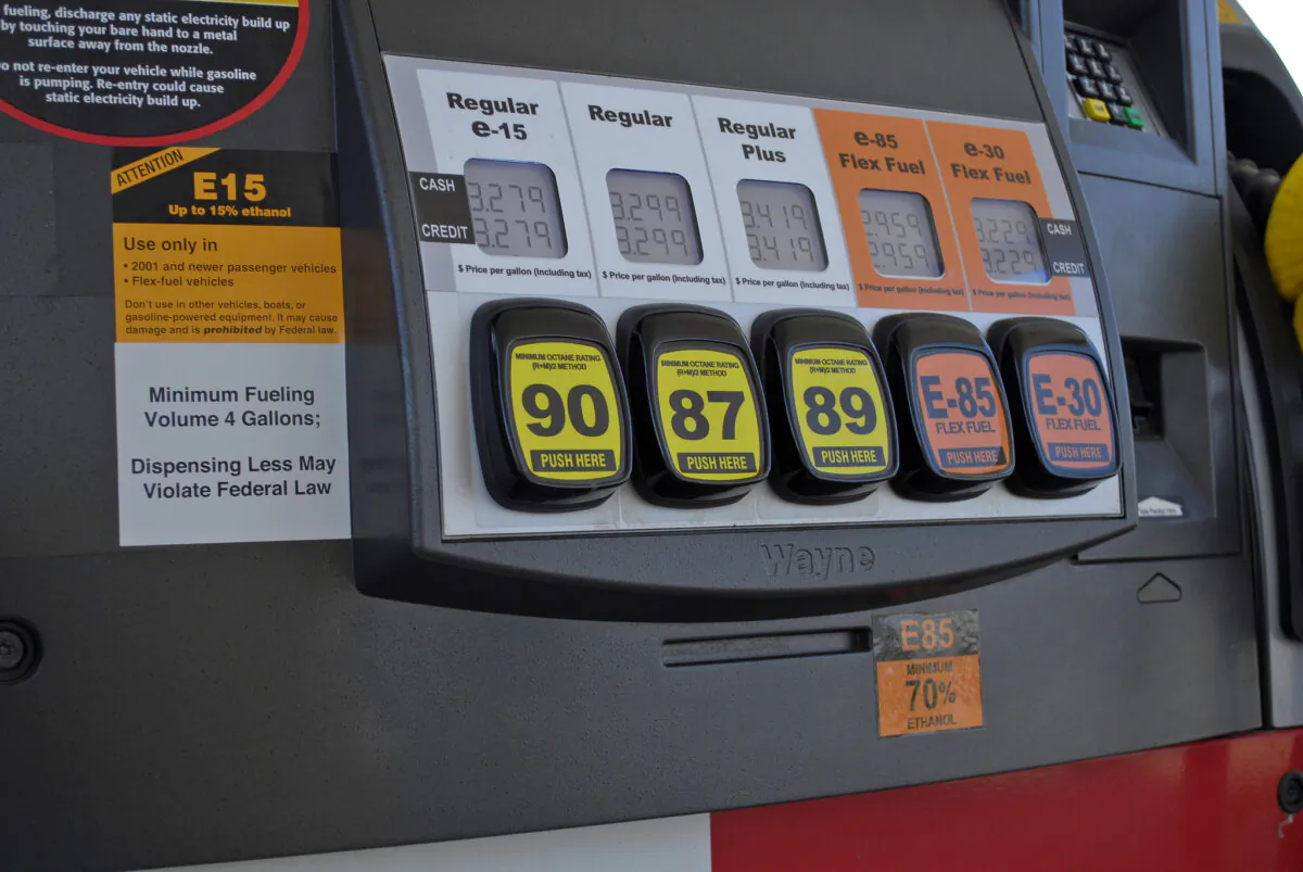 A gas station pump in Lawrence, Kansas, with various fuel grades, including E15, in a handout photo from July 11, 2012.  (Renewable Fuels Association/Robert White/AP Photo)