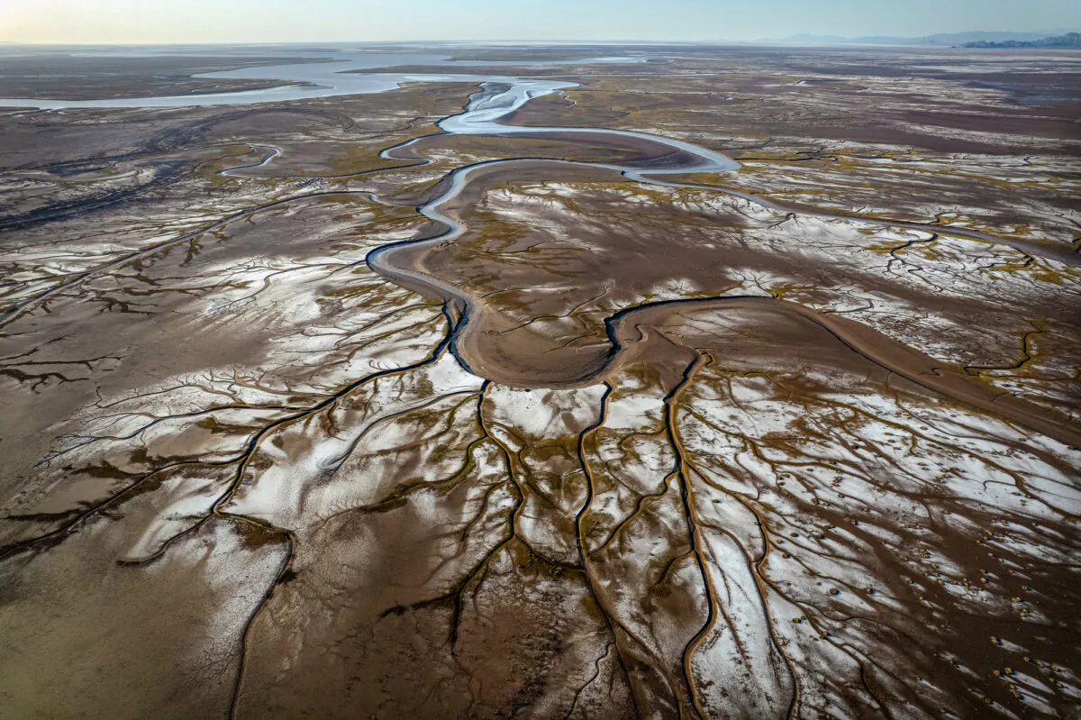 An aerial view of the Colorado River delta meeting the Cortés Sea at Valle de Mexicali, Mexico, on April 4, 2025. Since 2000, the Colorado River has faced an extended drought, heavily straining regional water supplies. (Guillermo Arias/AFP via Getty Images)