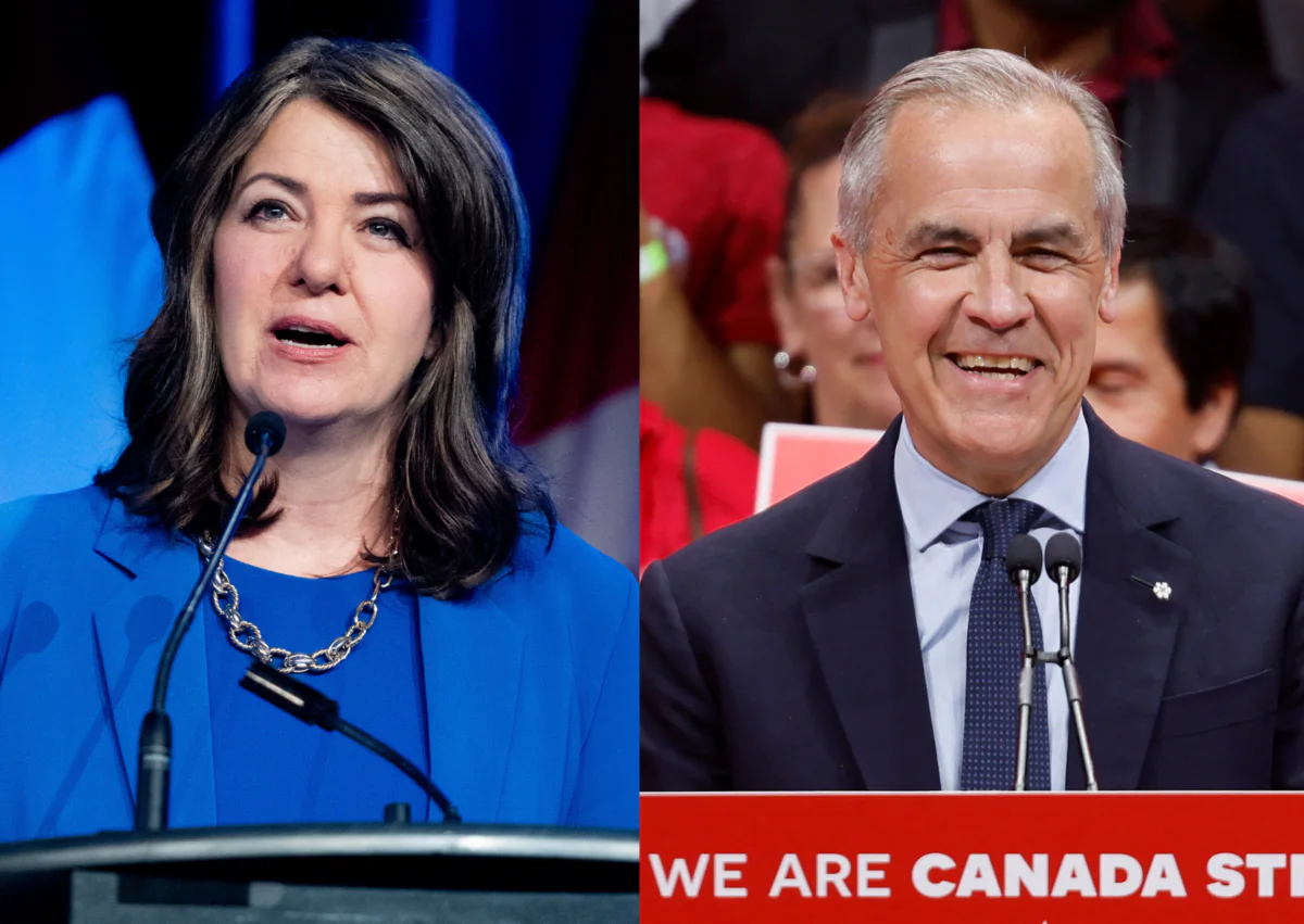 (Left) Alberta Premier Danielle Smith delivers a speech at an event in Ottawa on April 12, 2024. (Right) Canadian Prime Minister and Liberal Leader Mark Carney speaks at the Liberal Party election night headquarters in Ottawa on April 29, 2025. (The Canadian Press/Spencer Colby; Reuters/Blair Gable)