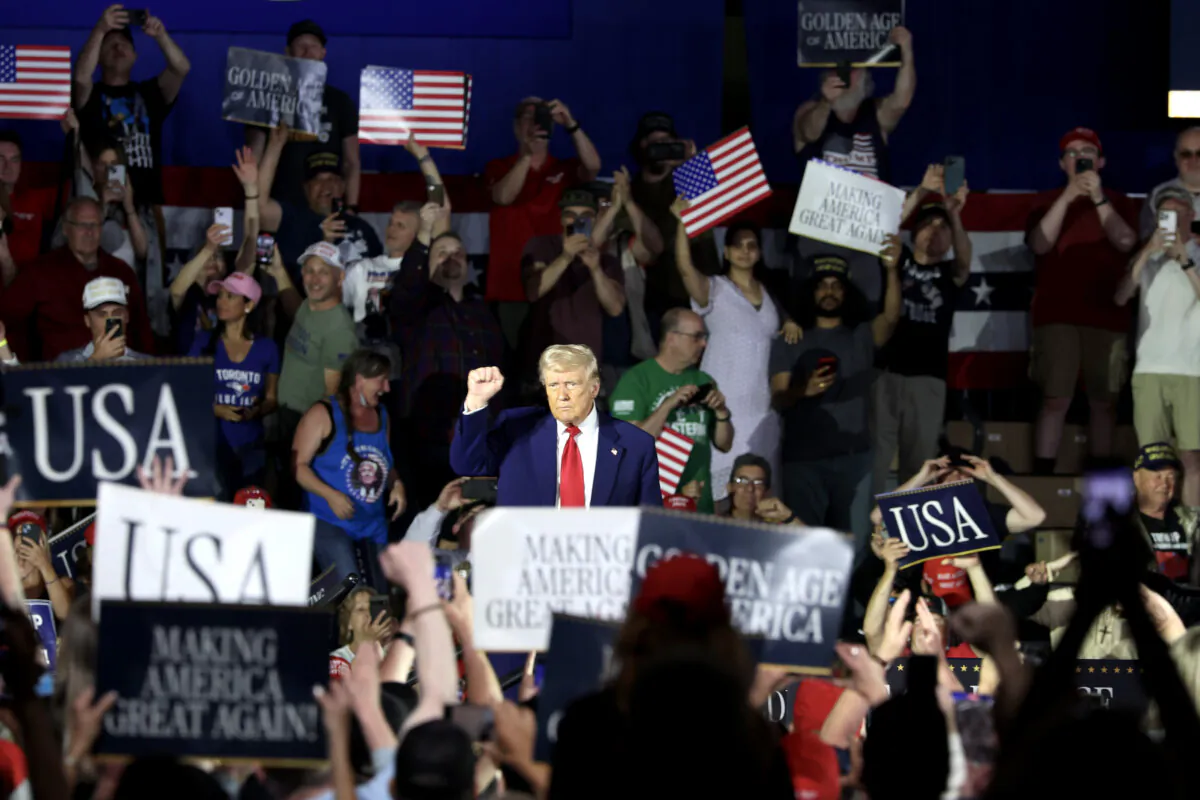 President Donald Trump speaks during a rally at Macomb Community College at Warren, Mich., on April 29, 2025. (Scott Olson/Getty Images)