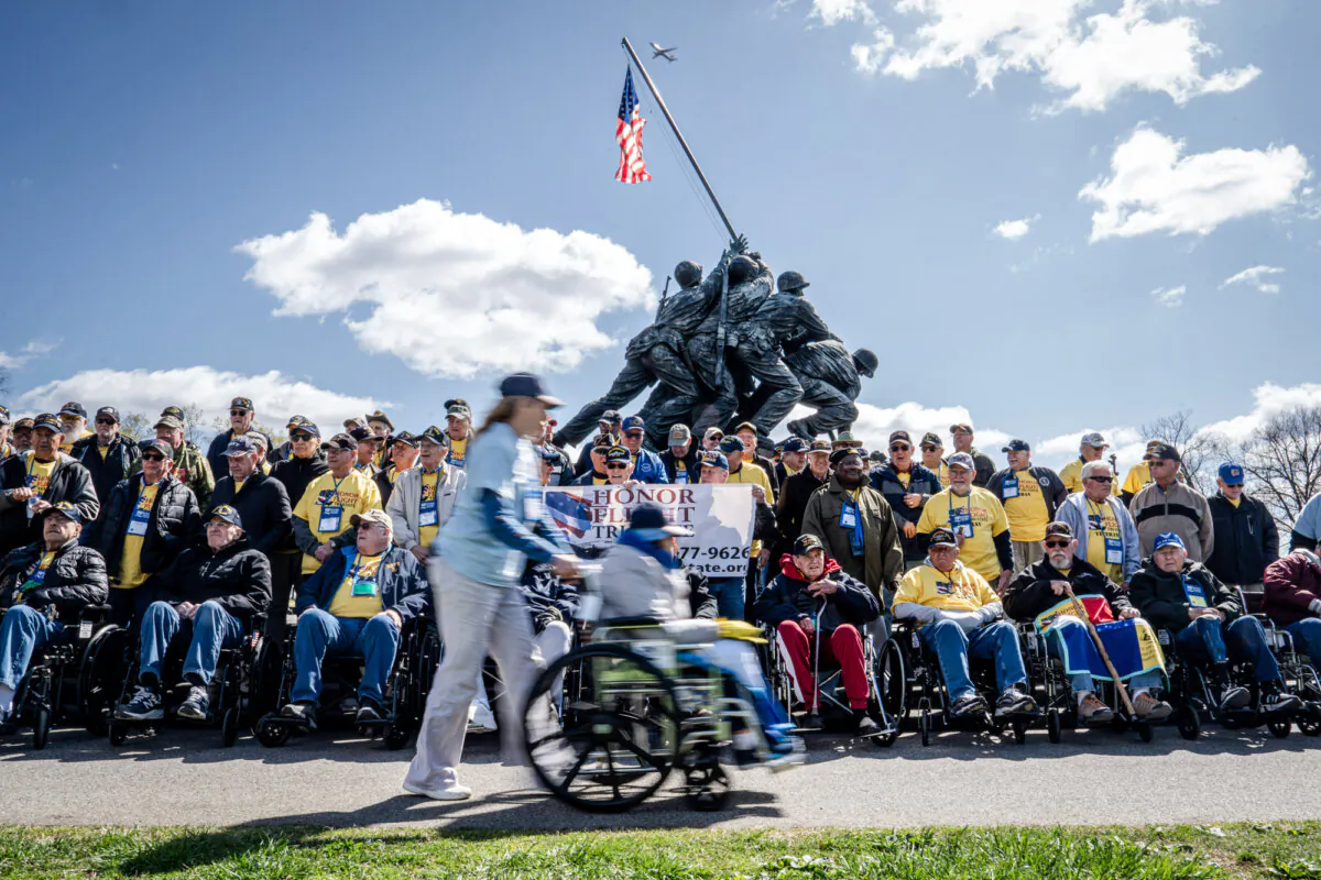 Veterans visit the U.S. Marine Corps War Memorial in Arlington, Va., on April 8, 2025. Honor Flight Tri-State brought veterans from Ohio, Kentucky, and Indiana to Washington to visit the capital's war memorials. (Madalina Vasiliu/The Epoch Times)