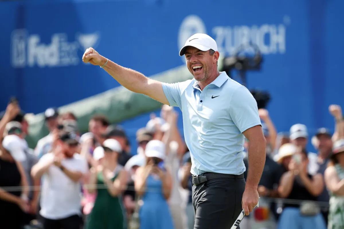Rory McIlroy of Northern Ireland celebrates an eagle on the 18th green on day three of the Zurich Classic of New Orleans in Avondale, Louisiana on April 26, 2025. (Chris Graythen/Getty Images)