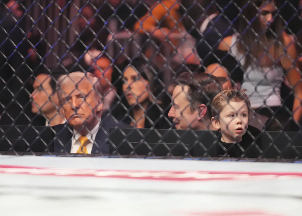 President Donald Trump (L) and Elon Musk (C), at a mixed martial arts fight at UFC 314  in Miami on April 12, 2025. (Lynne Sladky/AP Photo)